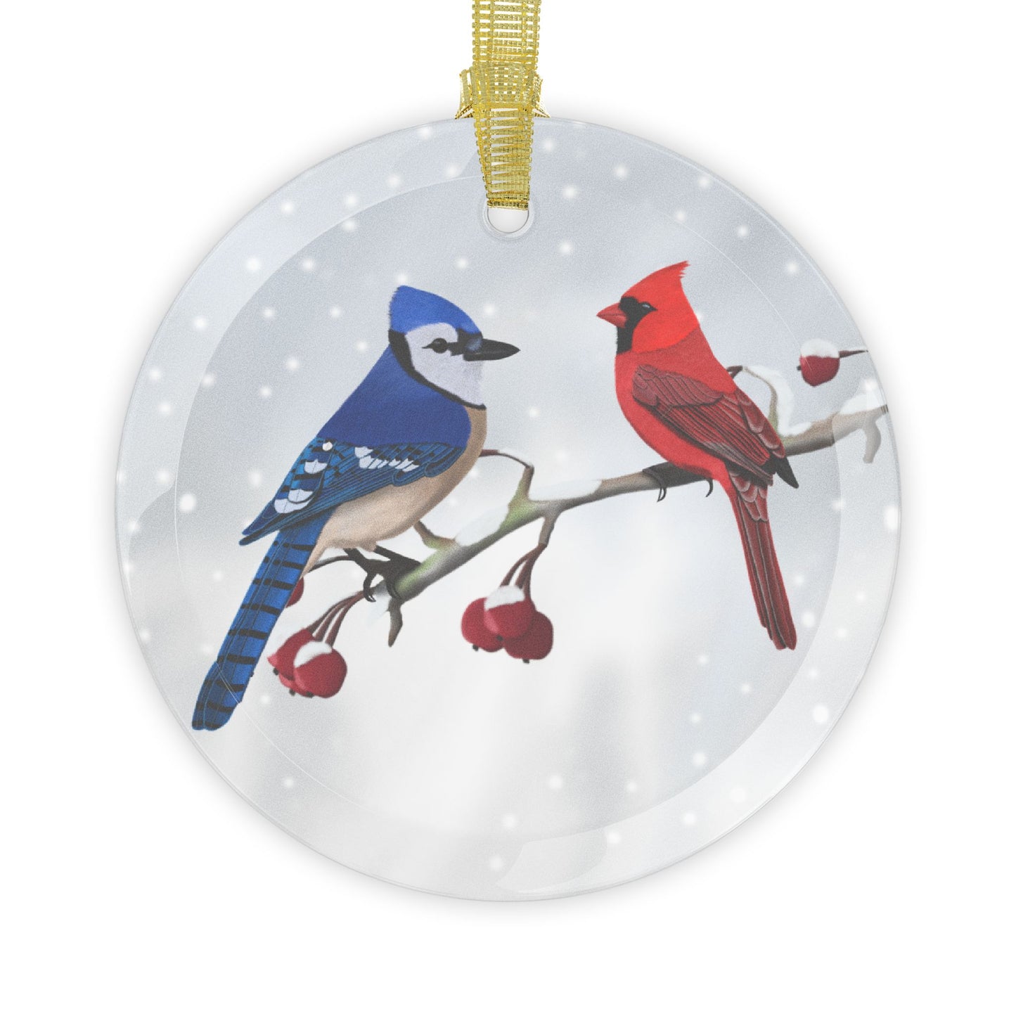 Blue Jay Cardinal Snow Bird Christmas Glass Ornament