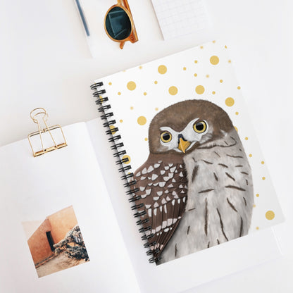 Owl Bird Birdlover Spiral Notebook White Golden Dots Ruled Line 6"x8"