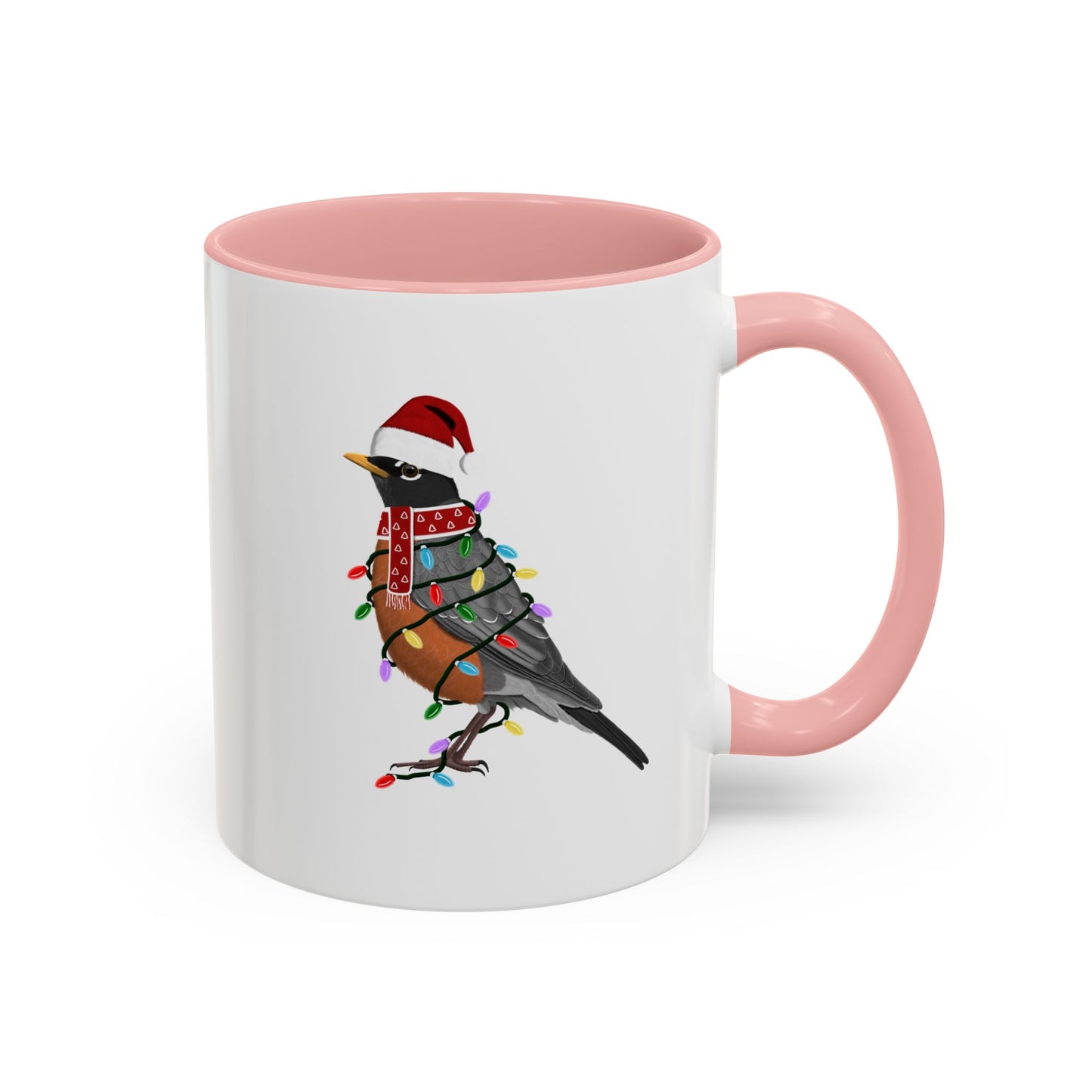 American Robin as Santa with Fairy Lights Ceramic Bird Coffee Mug – Custom Gift for Bird Watchers
