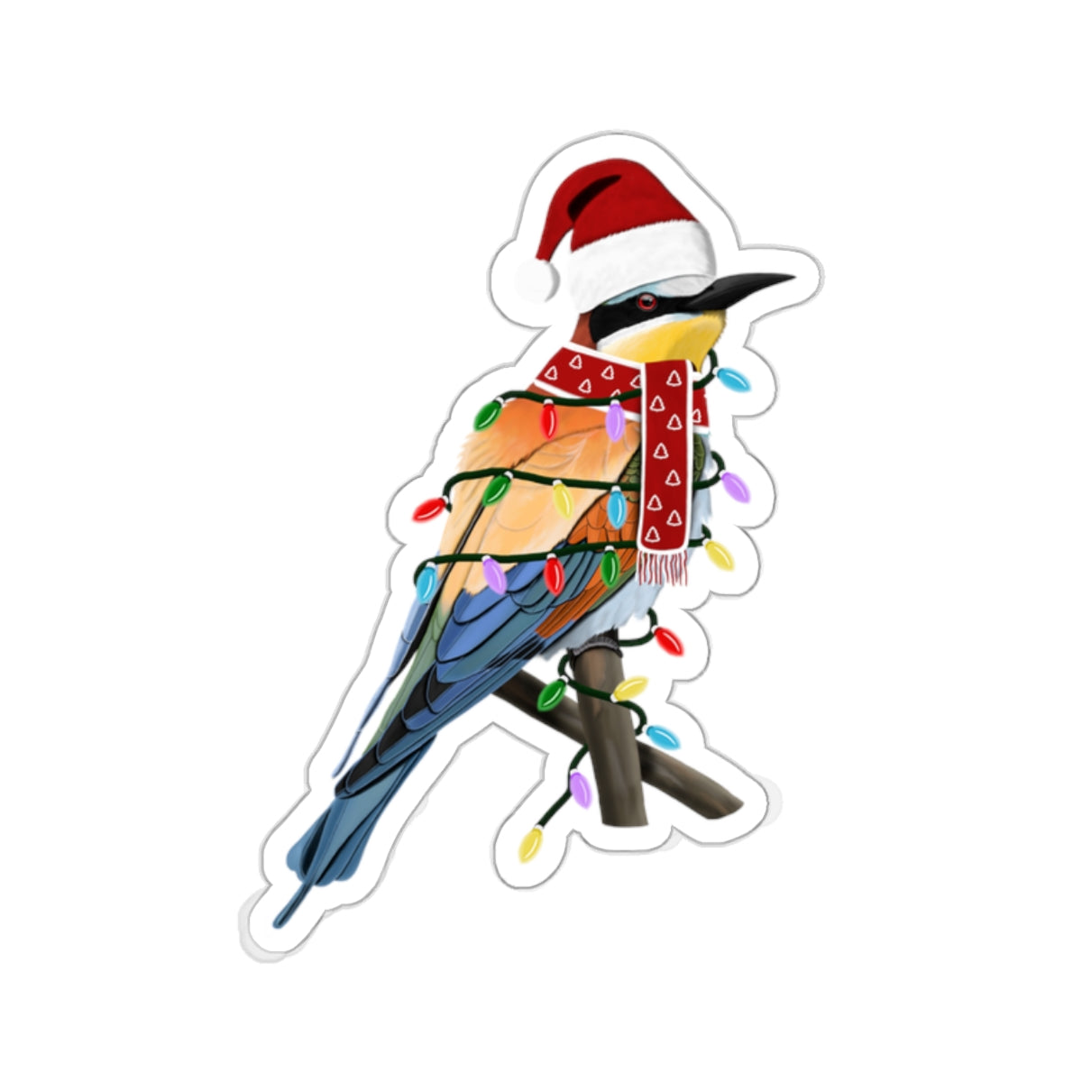 Bee-Eater with Fairy Lights Santa Claus Hat and Scarf Christmas Bird Sticker