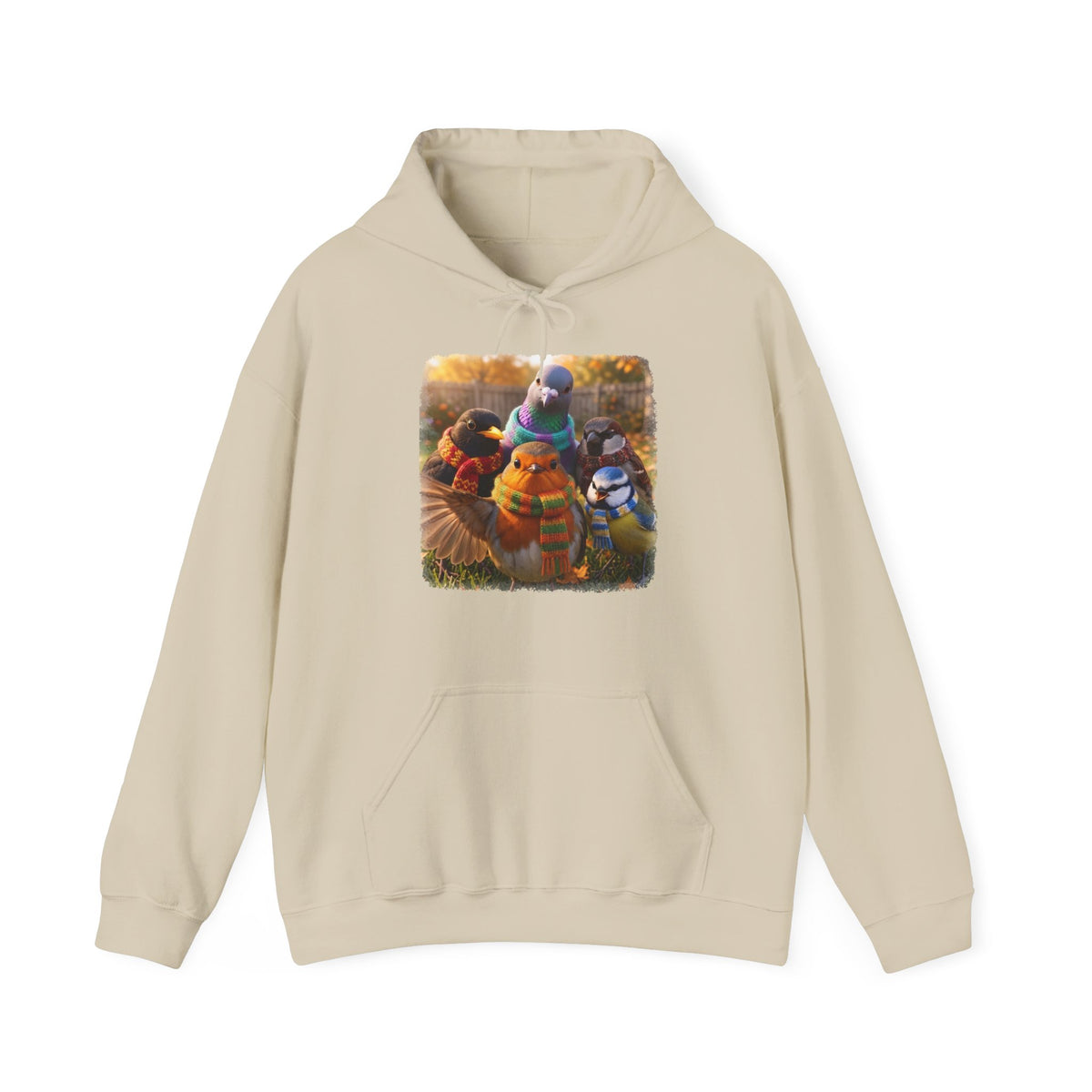 Gartenvögel Hoodie „Rosis Gruppen-Selfie“ – Kuscheliger Kapuzenpullover mit Rotkehlchen, Amsel & Meise