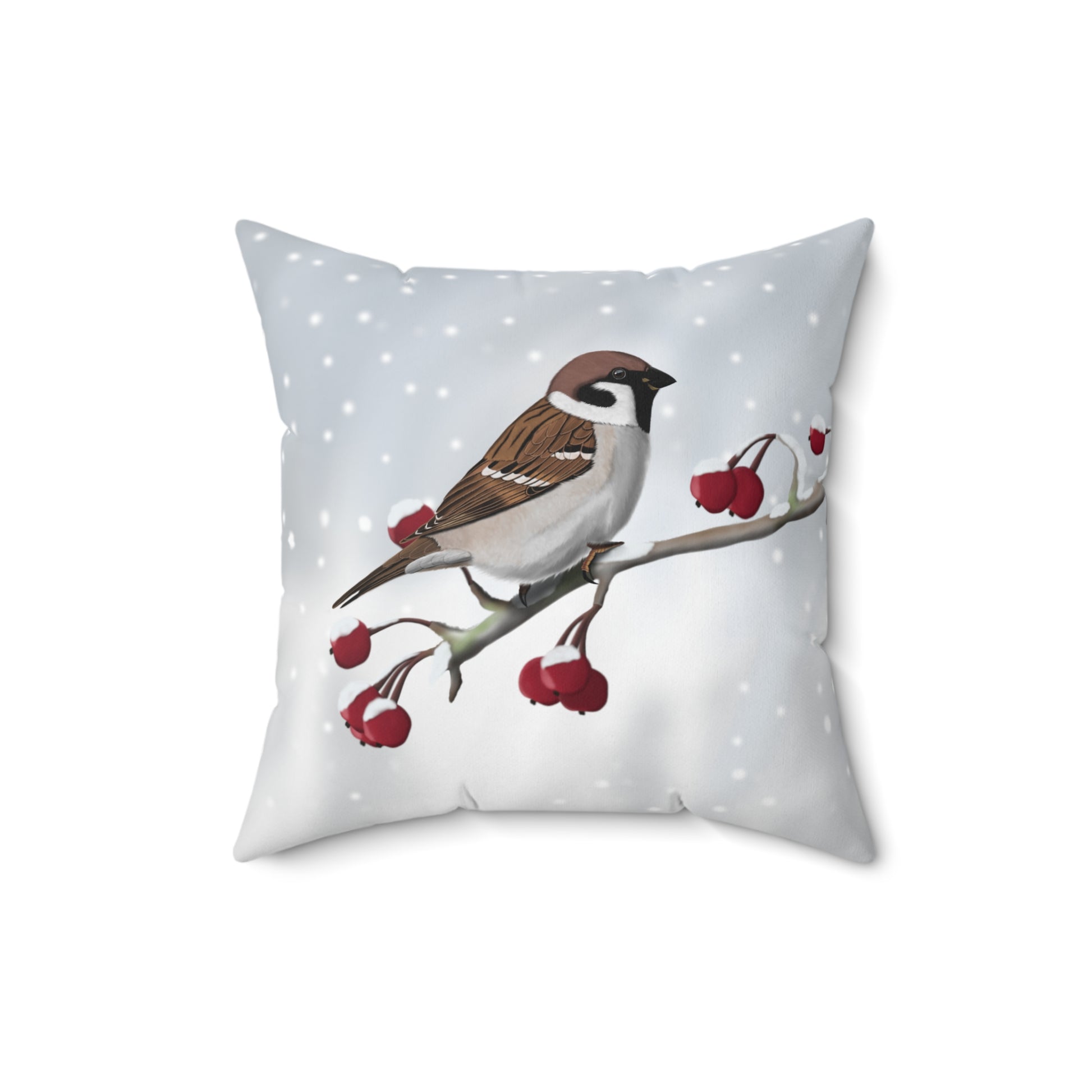 Tree Sparrow on a Winter Branch Christmas Bird Throw Pillow 16"x16"