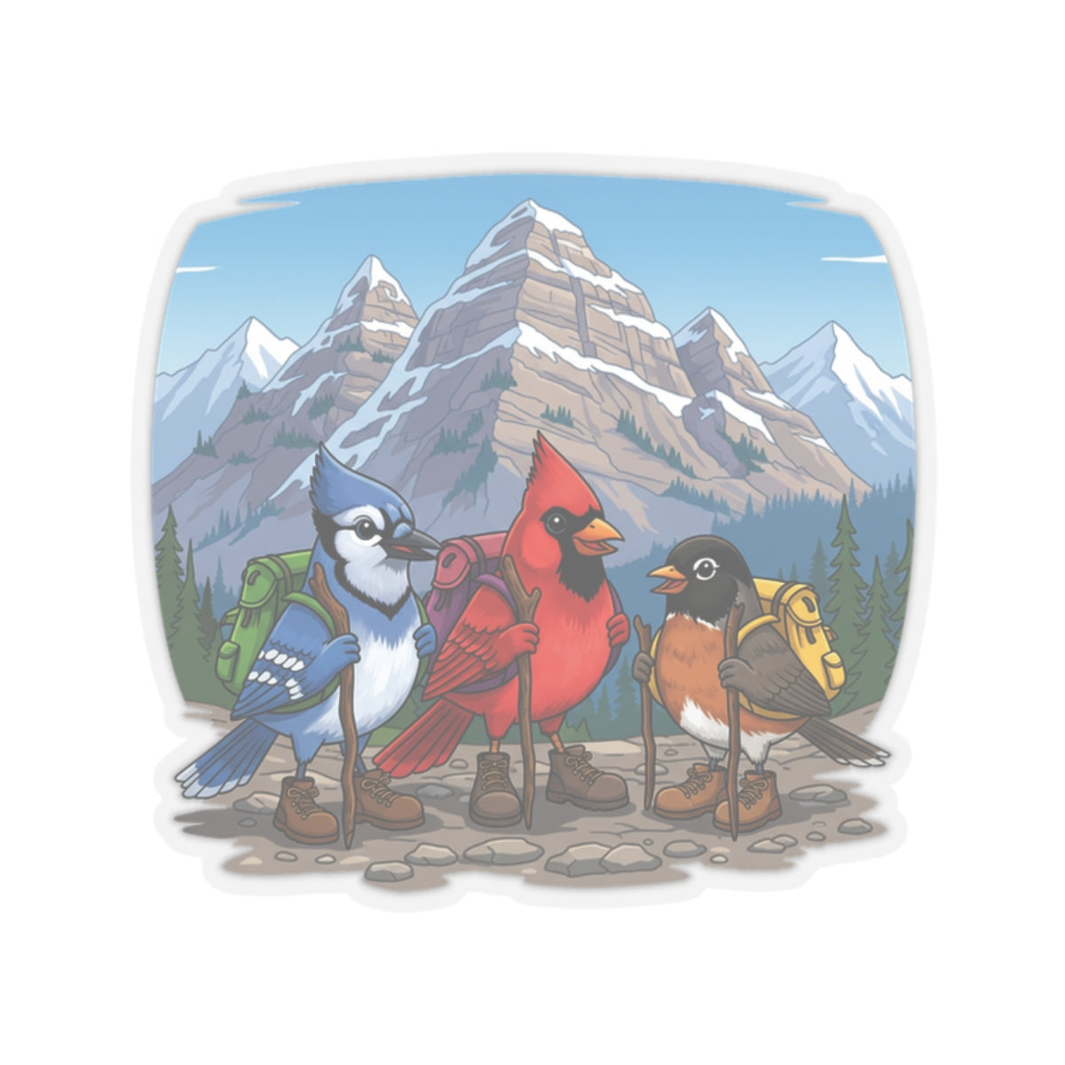 Blue Jay Cardinal Robin Hiking Kiss-Cut Sticker for Bird Watchers and Hiking Lovers