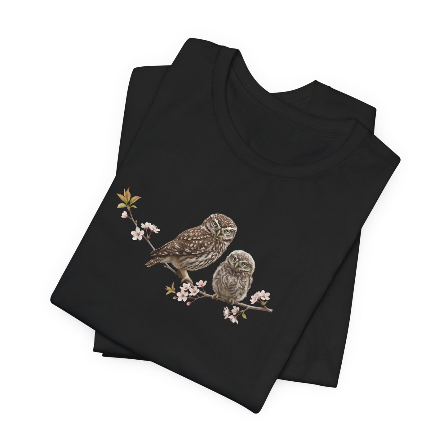 Little Owl & Fledgling T-Shirt | Spring Blossoms Unisex Graphic Tee