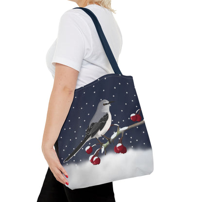 Mockingbird on a Winter Branch Christmas Bird Tote Bag 16"x16"