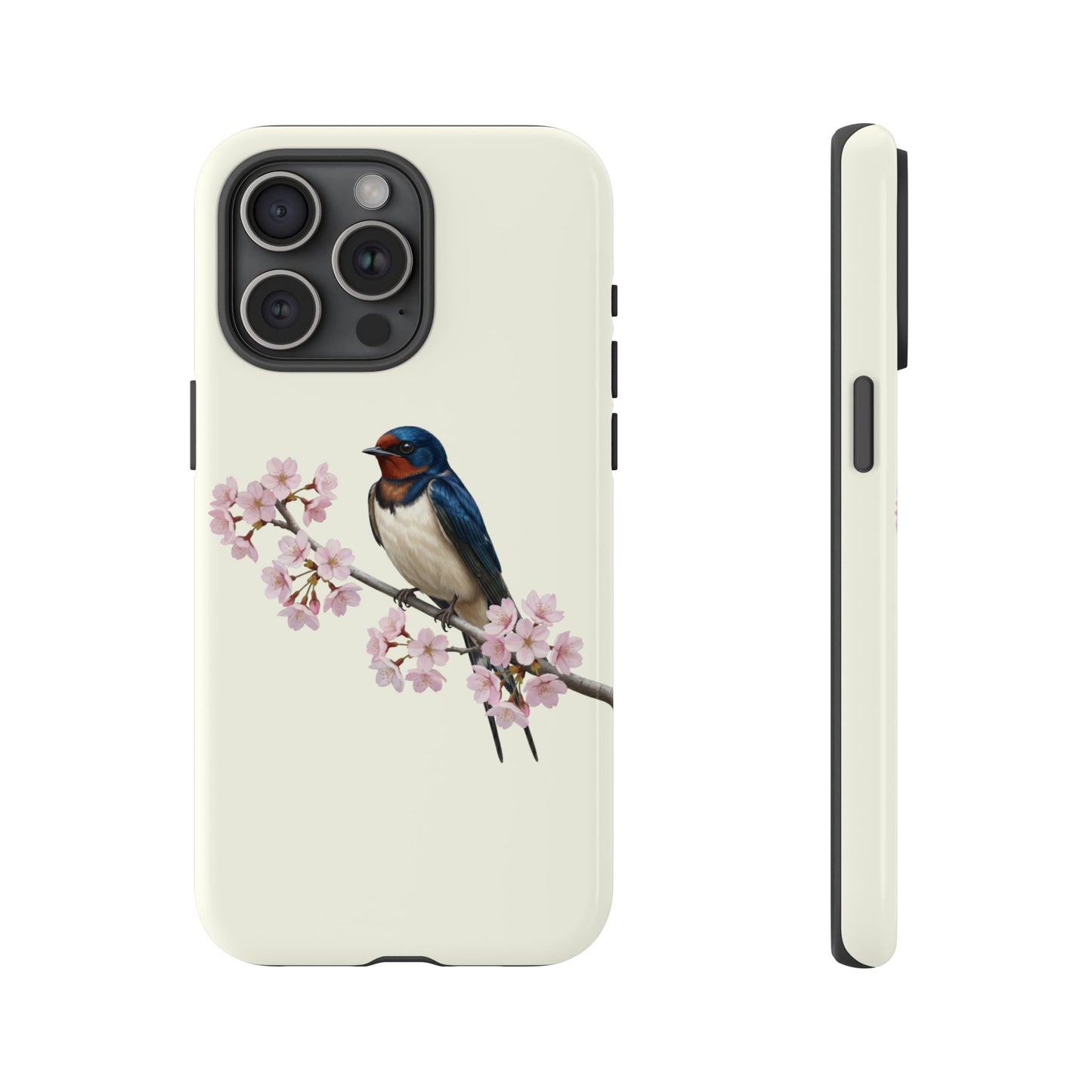 Rauchschwalbe Handyhülle in Cremeweiß | Florales Kirschblüten Vogel-Motiv für iPhone & Google Pixel