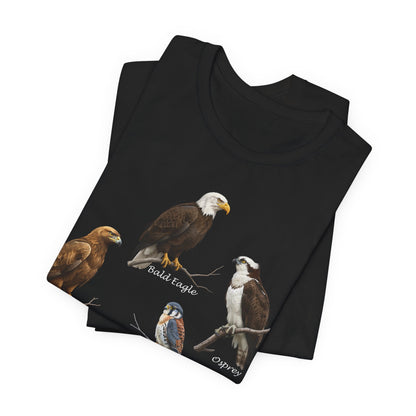 Black t-shirt with bird illustrations on a white background