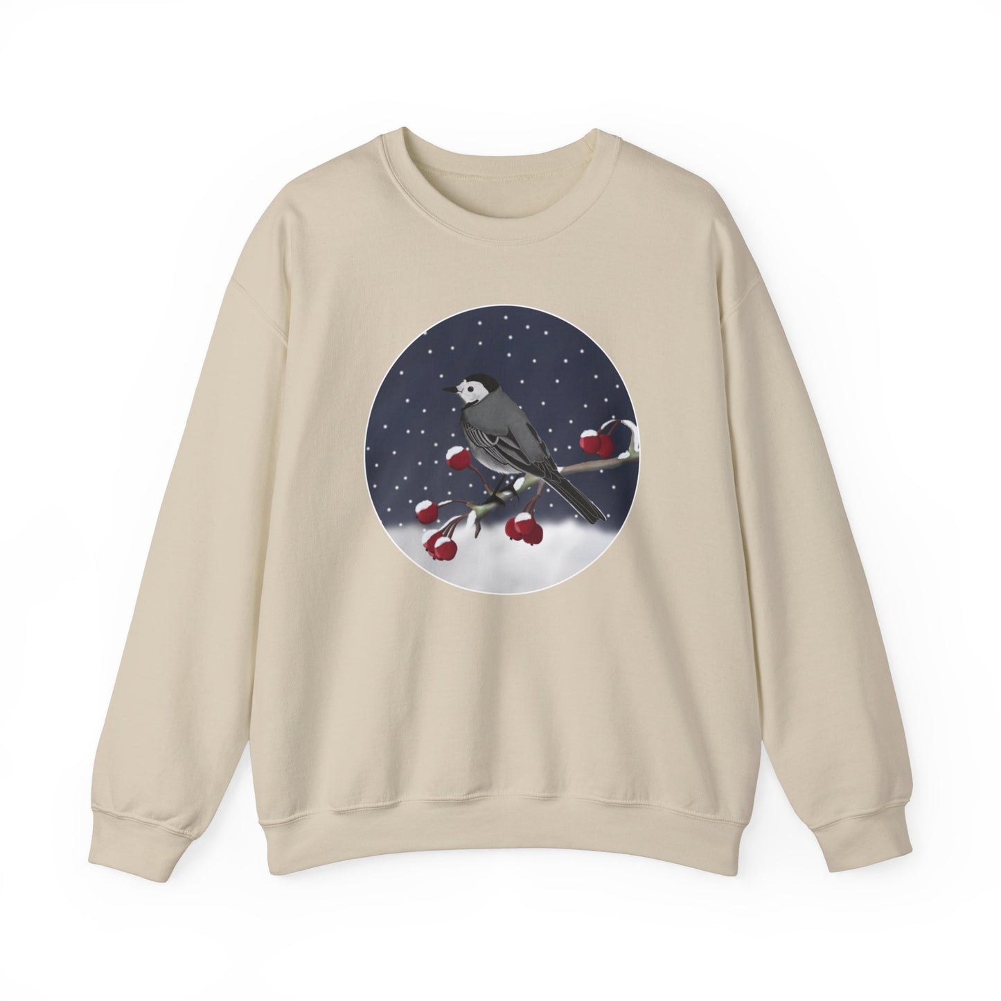 White Wagtail on a Winter Branch Birdwatcher Christmas Bird Sweatshirt