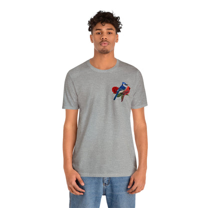 Blue Jay Cardinal on a Rose Valentine's Day Bird Unisex Tee - jz.birds