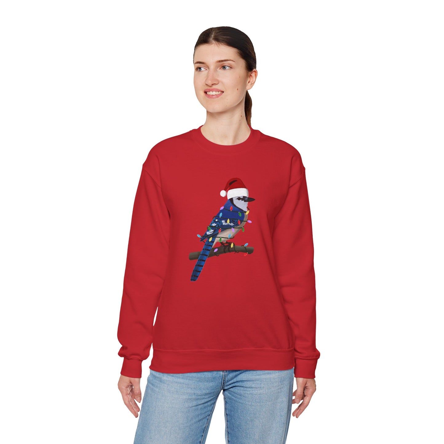 Blue Jay with Fairy Lights Santa Claus Christmas Bird Sweatshirt