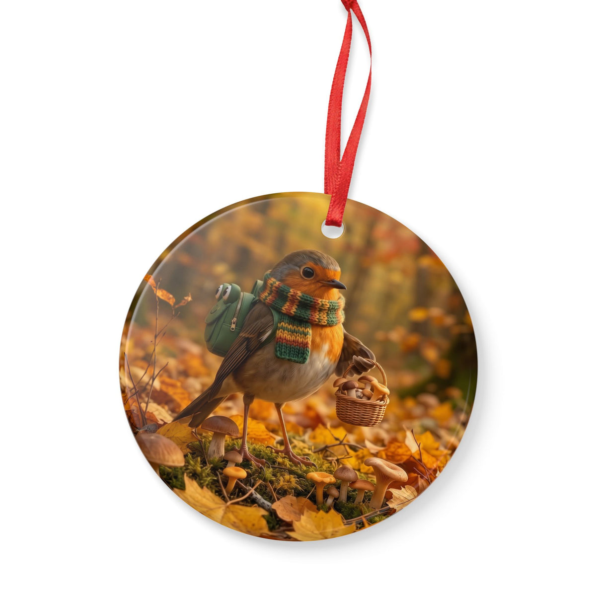Premium Keramik Ornament Rosi Rotkehlchen sammelt Pilze | Herbst Deko für Vogelfreunde und Vogelbeobachter