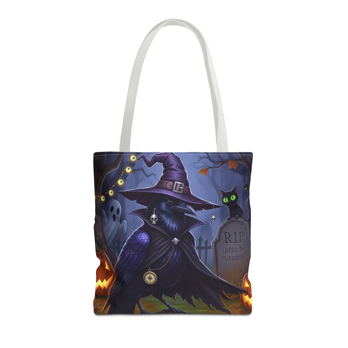 Halloween Crow Tote Bag: Purple Cape & Witch Hat | 16"x16" Polyester | Bird Decor Accessory
