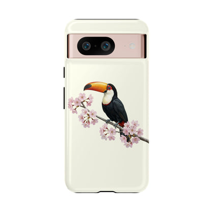 Tukan Handyhülle in Cremeweiß | Florales Kirschblüten Vogel-Motiv für iPhone & Google Pixel