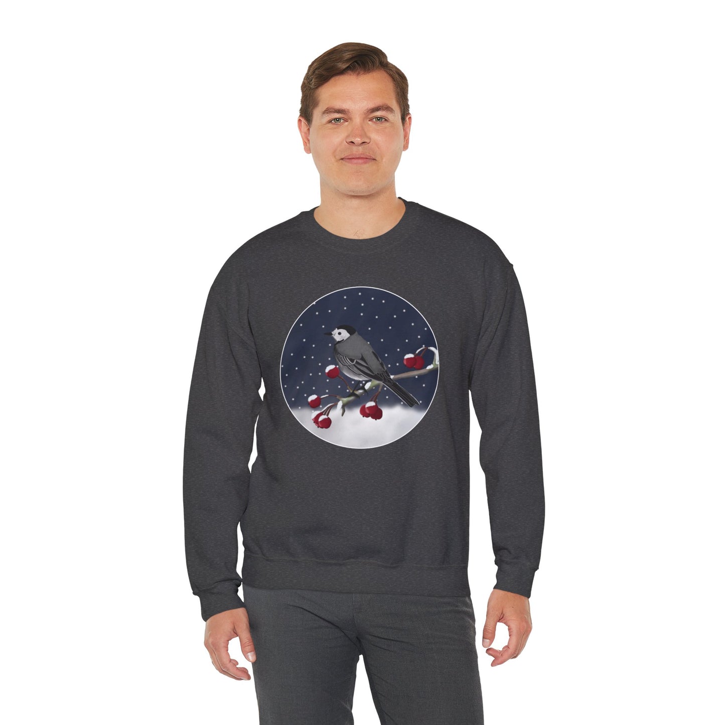 White Wagtail on a Winter Branch Birdwatcher Christmas Bird Sweatshirt