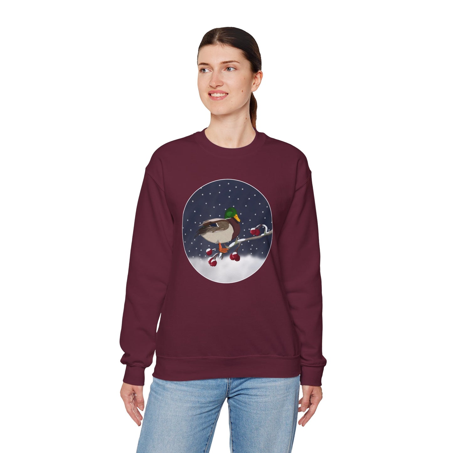 Mallard on a Winter Branch Birdwatcher Christmas Bird Sweatshirt