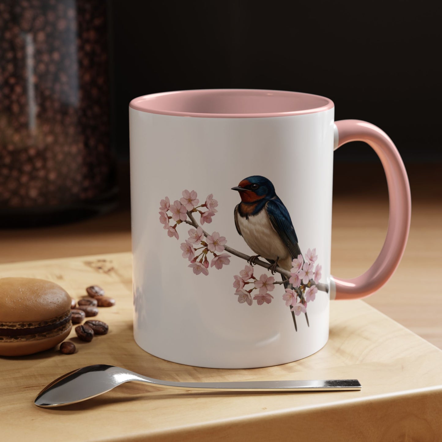 Barn Swallow Cherry Blossom Mug | Pink Ceramic Coffee Cup for Bird Lovers