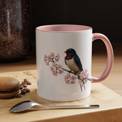 Barn Swallow Cherry Blossom Mug | Pink Ceramic Coffee Cup for Bird Lovers