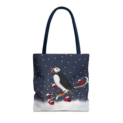 Puffin on a Winter Branch Christmas Bird Tote Bag 16"x16"