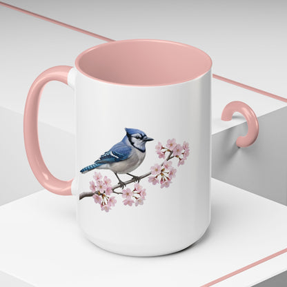 Blue Jay Cherry Blossom Mug | Pink Ceramic Coffee Cup for Bird Lovers