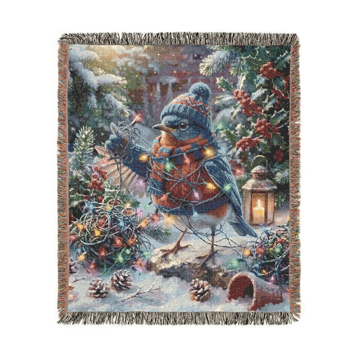 A rectangular woven throw blanket with fringed edges, featuring a whimsical winter forest scene with a bluebird, evergreen branches, pinecones, red berries, and warm string lights, shown on a plain white background.