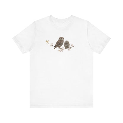 Eule Steinkauz & Jungvogel T-Shirt | Frühlingsblüten Vogelmotiv für Vogelbeobachter