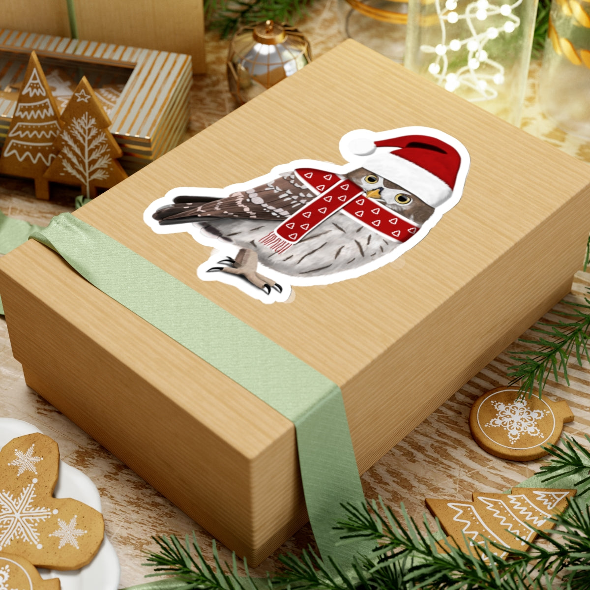 Owl with Santa Claus Hat and Scarf Christmas Bird Sticker