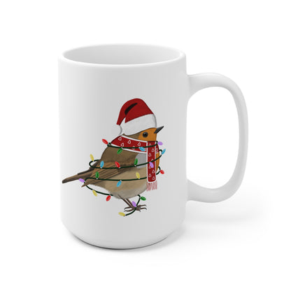 Rotkehlchen Tasse Vogel als Weihnachtsmann mit Lichterkette Weiß für Vogelfreunde