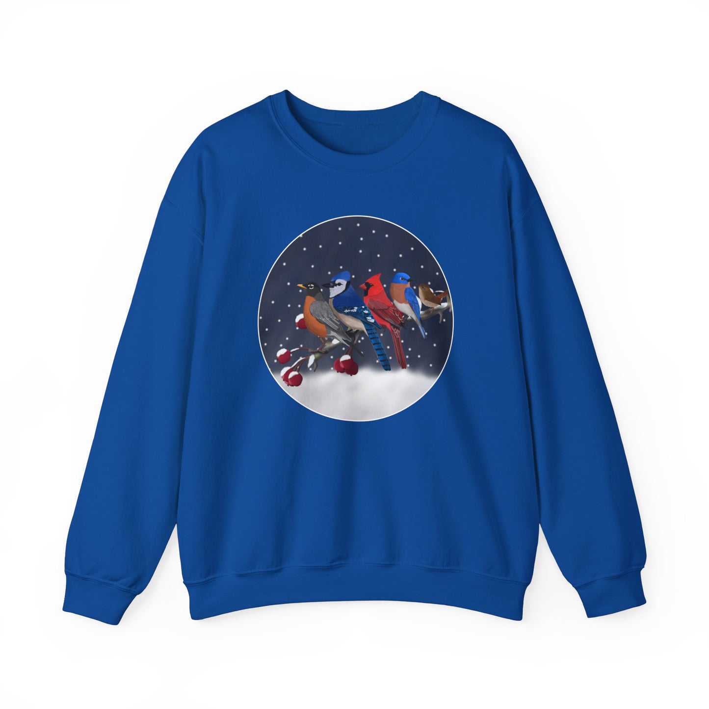 Blue Jay Robin Cardinal Bluebird Wren on a Winter Branch Christmas Bird Sweatshirt