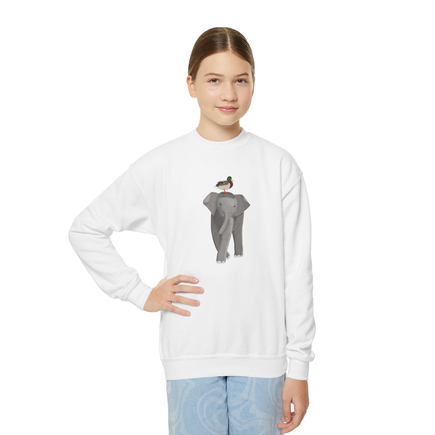 Elephant with Mallard Bird Youth Crewneck Sweatshirt