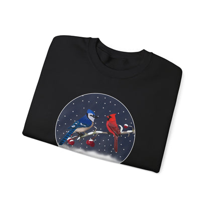 Blue Jay and Cardinal on a Winter Branch Christmas Bird Sweatshirt