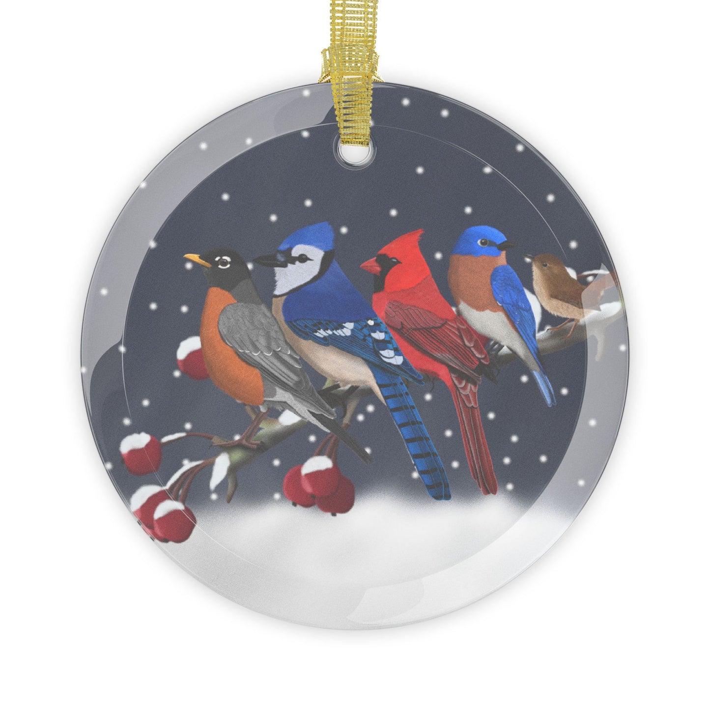 Robin Blue Jay Cardinal Bluebird Wren on a Winter Branch Christmas Bird Glass Ornament