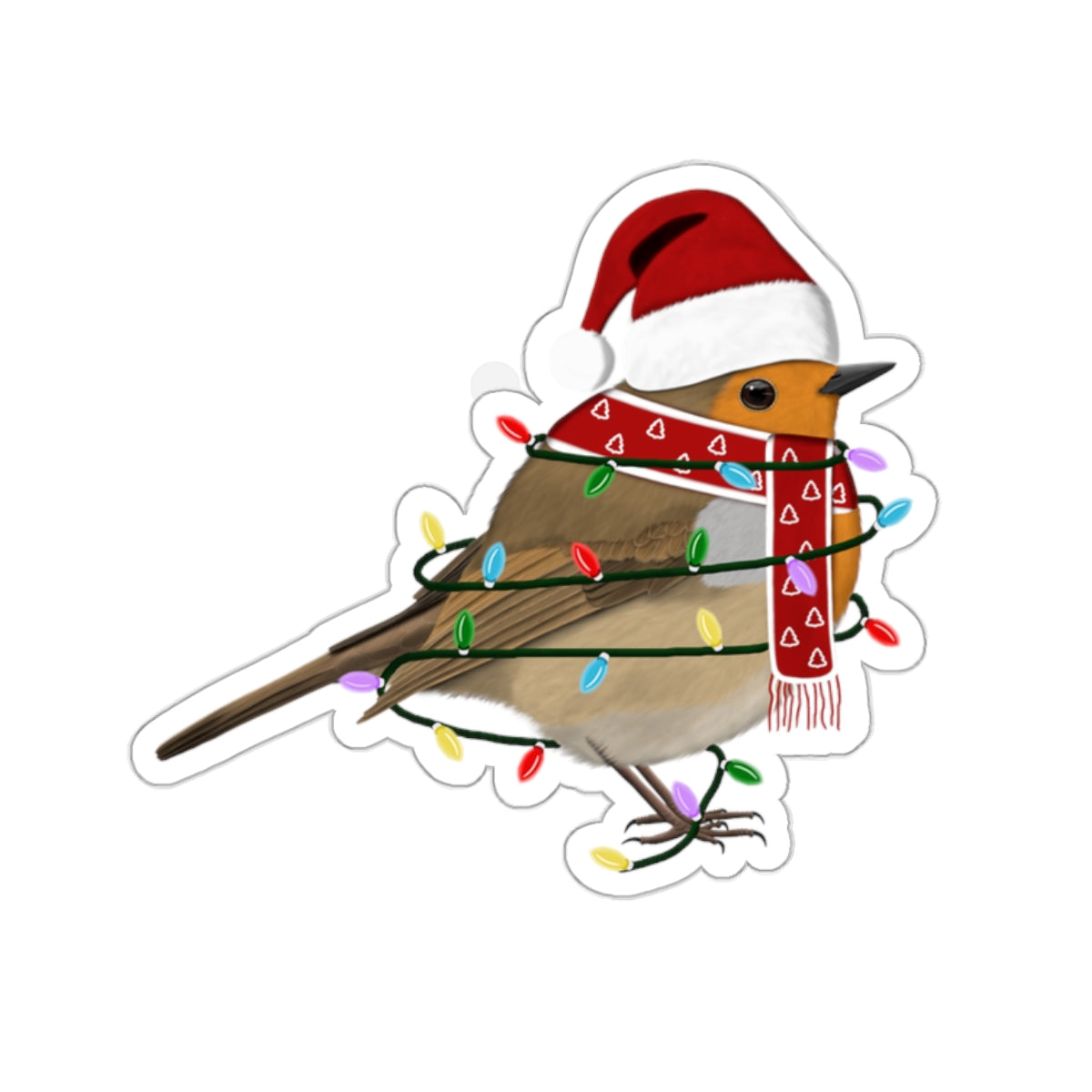 European Robin with Fairy Lights Santa Claus Hat and Scarf Christmas Bird Sticker