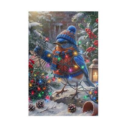 A festive winter illustration of a bluebird wearing a blue knit hat and matching scarf, wrapped in multicolored Christmas lights in a snowy outdoor scene with pine branches, berries, pinecones, and a lantern.