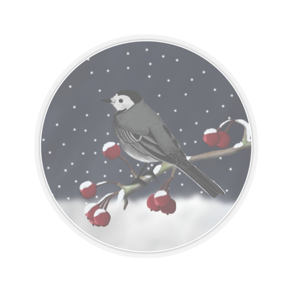 White Wagtail on a Winter Branch Christmas Bird Sticker