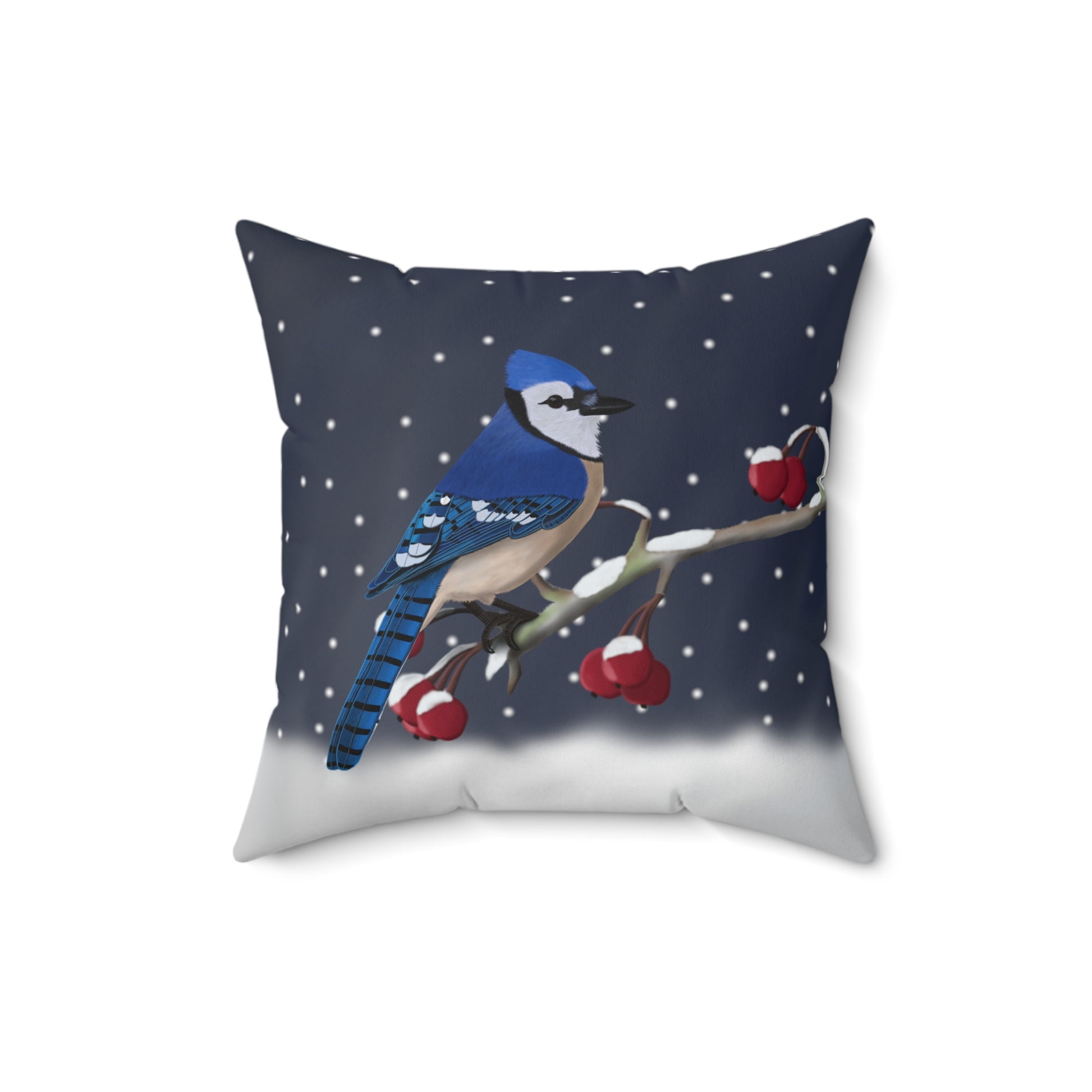 Blue Jay on a Winter Branch Christmas Bird Pillow