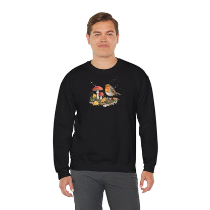 Rotkehlchen Herbst-Sweatshirt – Gemütlicher Pullover mit Herbstlaub & Fliegenpilzen