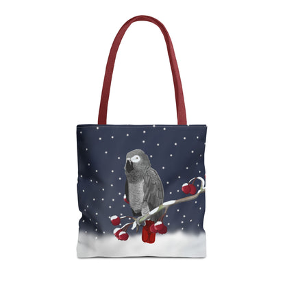 Grey Parrot on a Winter Branch Christmas Bird Tote Bag 16"x16"