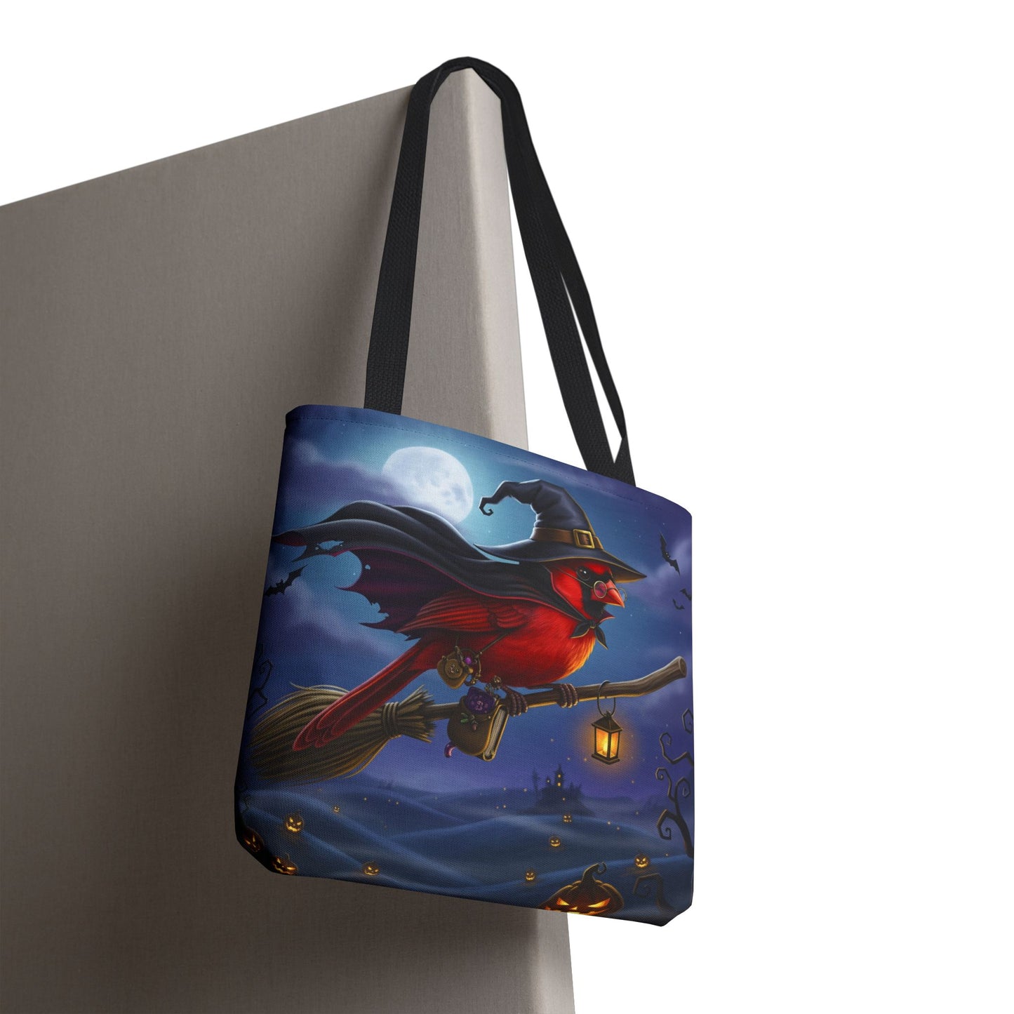 Halloween Cardinal Tote Bag: Cape & Witch Hat | 16"x16" Polyester | Bird Decor Accessory