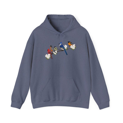 Backyard Birds on a Branch Blue Jay Cardinal Robin Chickadee Oriole Birdwatcher Hoodie