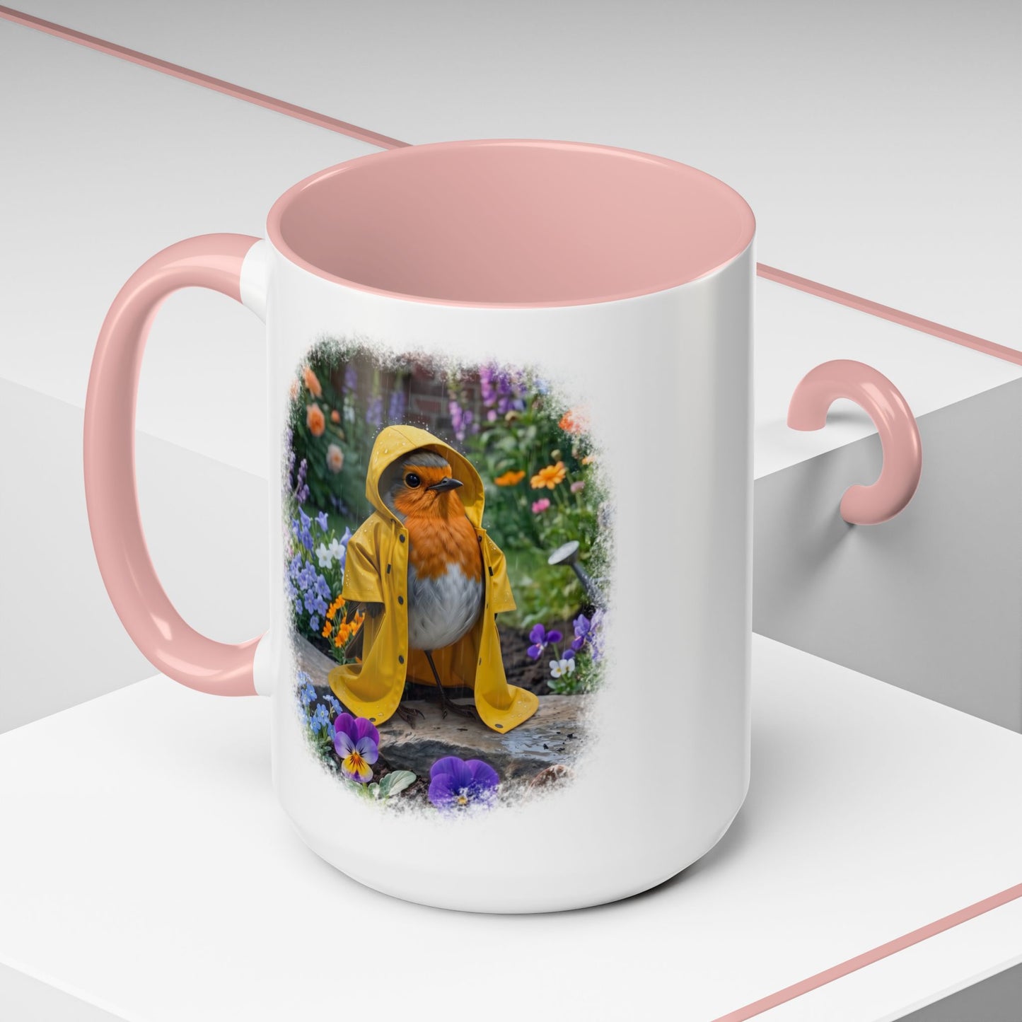 Robin Rosi Yellow Raincoat Garden Premium Mug for Bird Lovers