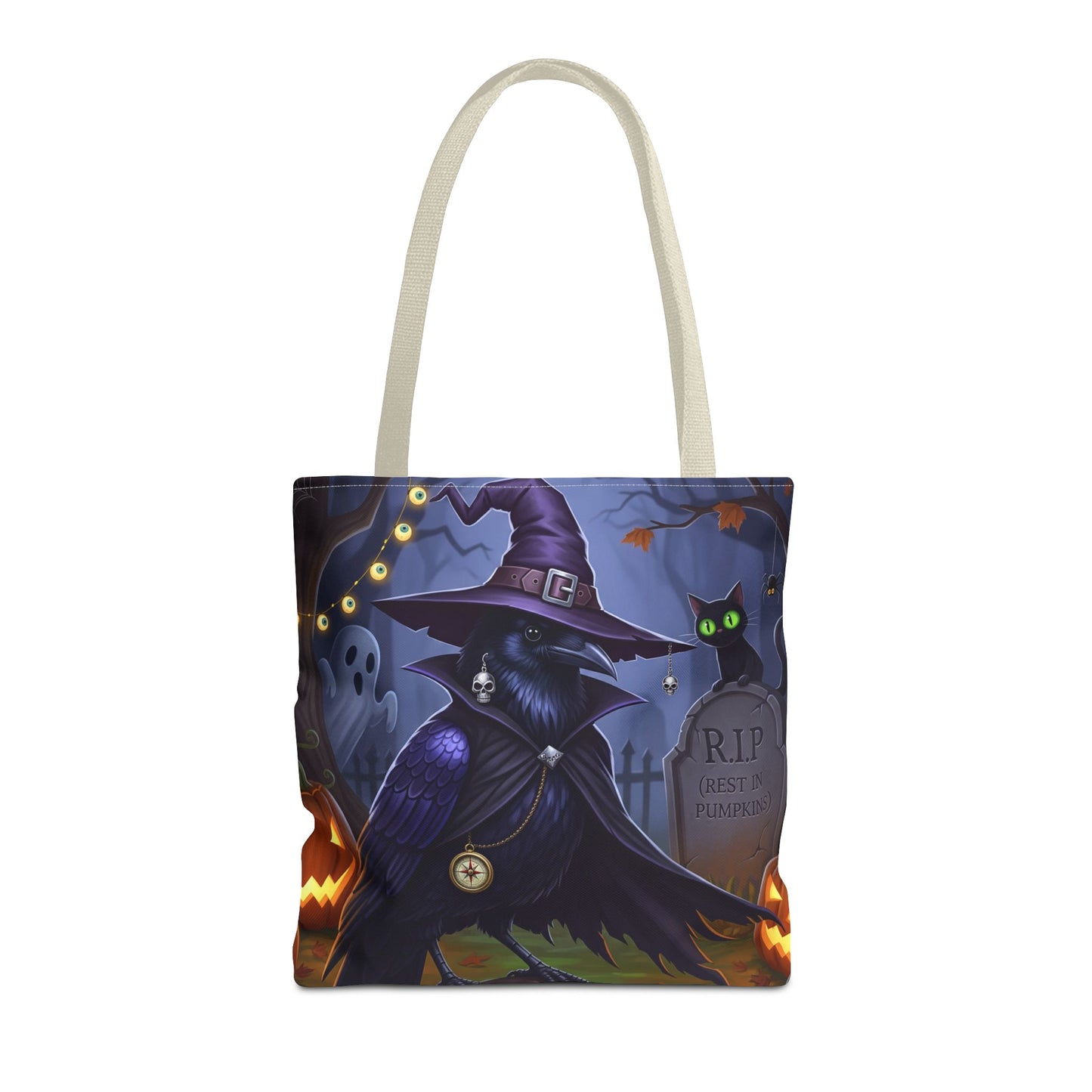 Halloween Crow Tote Bag: Purple Cape & Witch Hat | 16"x16" Polyester | Bird Decor Accessory