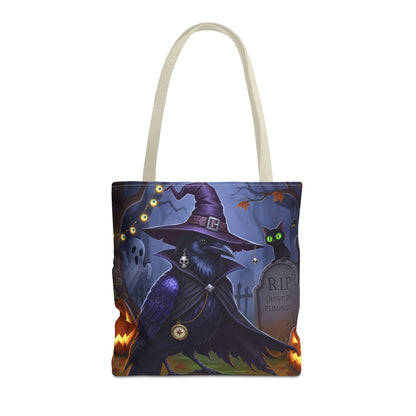 Halloween Crow Tote Bag: Purple Cape & Witch Hat | 16"x16" Polyester | Bird Decor Accessory