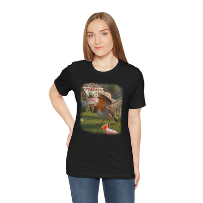 Rosi Rotkehlchen & das Riesen-Eis im Garten T-Shirt | Geschenk für Vogelfreunde