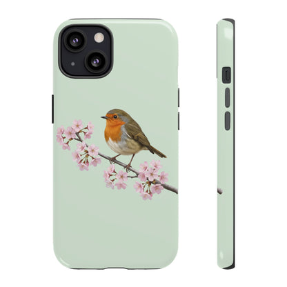 Rotkehlchen Handyhülle in Salbeigrün | Florales Kirschblüten Vogel-Motiv für iPhone & Google Pixel