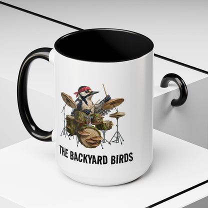 Woodbarker Drummer Mug – Funny Woodpecker Bird Gift – Heavy Metal Drumming Cup – Percussionist & Nature Lover Present