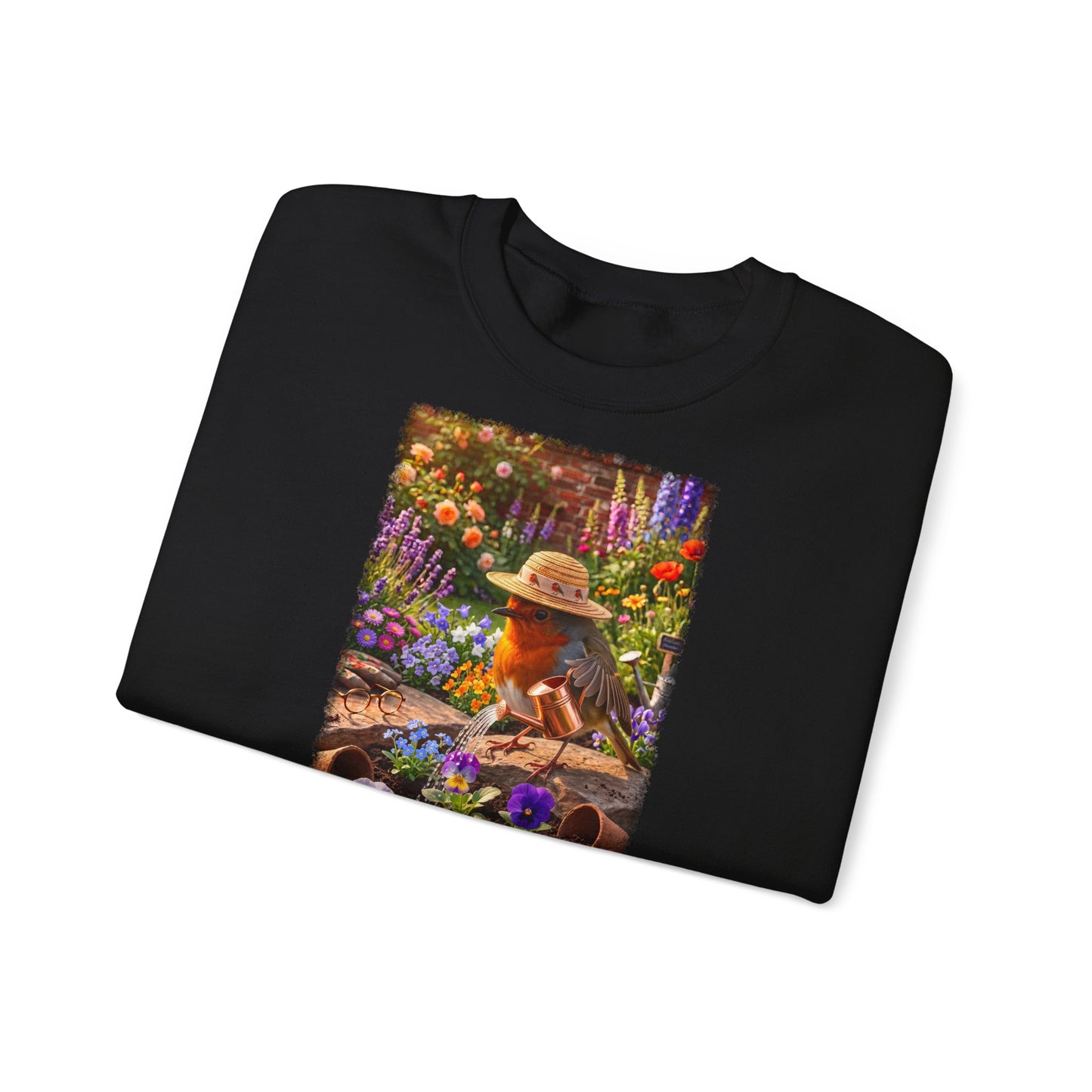 Niedliches Rotkehlchen Sweatshirt beim Blumen gießen | Gemütlicher Garten-Pullover