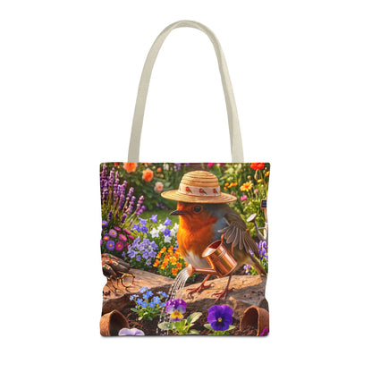 Niedliche Rotkehlchen Stofftasche beim Blumen gießen | Gemütlicher Garten-Shopper