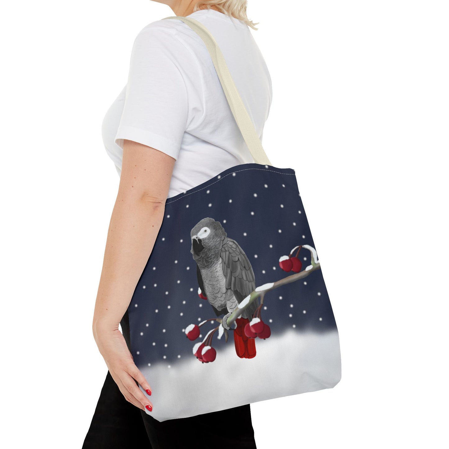 Grey Parrot on a Winter Branch Christmas Bird Tote Bag 16"x16"