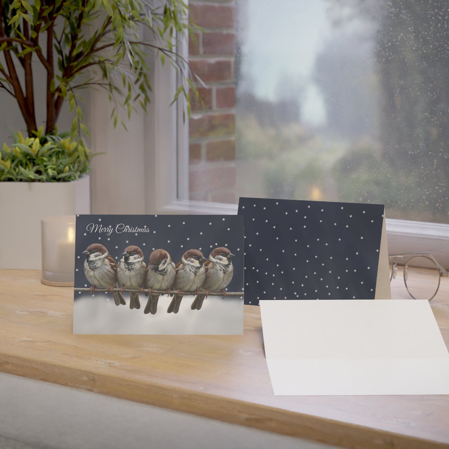 Tree Sparrows Bird Art Premium Christmas Card 7x5" | Double-Sided Matte Holiday Greeting