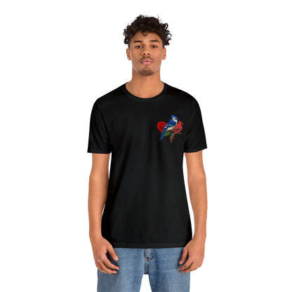 Blue Jay Cardinal on a Rose Valentine's Day Bird Unisex Tee - jz.birds